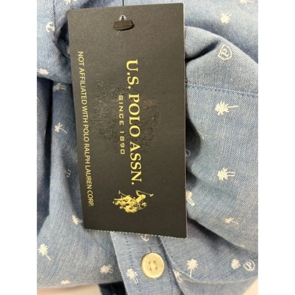 U.S. Polo Assn. Mens 2XL Light Blue Palm Tree Anchor Tropical Summer Woven Shirt